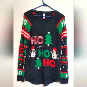 NO BOUNDARIES Black Christmas Sweater Long Ho Ho Ho snowmen  trees Size 15 17